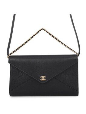 Chanel Chain Shoulder Bag Strap Clutch CC Logo Grained Goat Skin Black